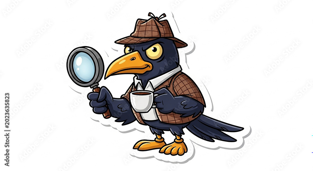 Fototapeta premium Cartoon raven detective holding magnifying glass and coffee with trench coat detective illustration character investigation research searching intelligent enforcement business