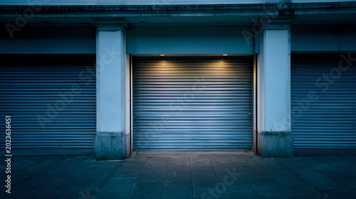 A moody facade featuring closed roller shutters under soft lighting, creating an urban, mysterious atmosphere at dusk.