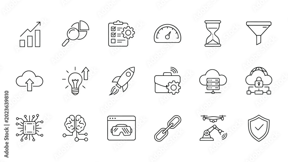 Fototapeta premium Set of fifteen minimalist digital technology and business process icons featuring cloud computing data management and artificial intelligence line art elements isolated on a clean white background
