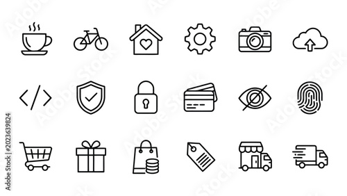 Tableau sur toile Professional set of simple outline icons for e-commerce and retail featuring sho