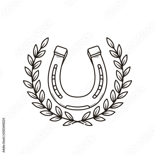 Horseshoe Laurel Wreath. Lucky Symbol. Vintage Emblem. Hand Drawn Style. Graphic Element.