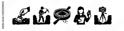 Bild auf Leinwand Archeology Excavation Process Icons Set featuring Archaeologist, Digging Tools,