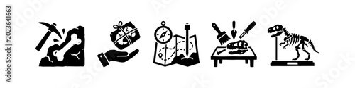Bild auf Leinwand Paleontology and Archaeology Icons Set Featuring Dinosaur Fossil Excavation Tool