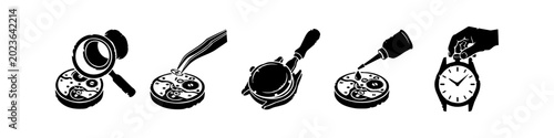 Cuadro en lienzo Set of Minimalist Black and White Watch Repair Icons Illustrating the Profession