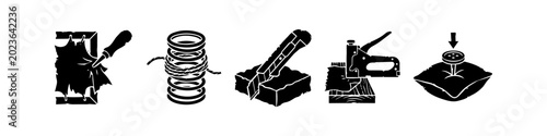 Bild auf Leinwand Set of Black and White Upholstery Tools and Process Icons Including Fabric Tacki
