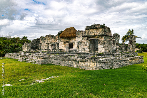 Canvastavla Weathered stone ruins of a Mayan structure topped with a traditional thatched pa