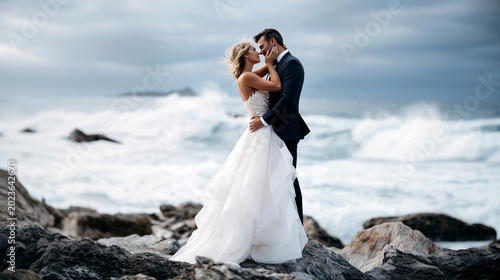 Bride groom almost kissing rocky coastal rocks, white flowing tulle gown, dark navy suit. Passionate romantic outdoor wedding, dramatic stormy ocean waves, elegant elopement.