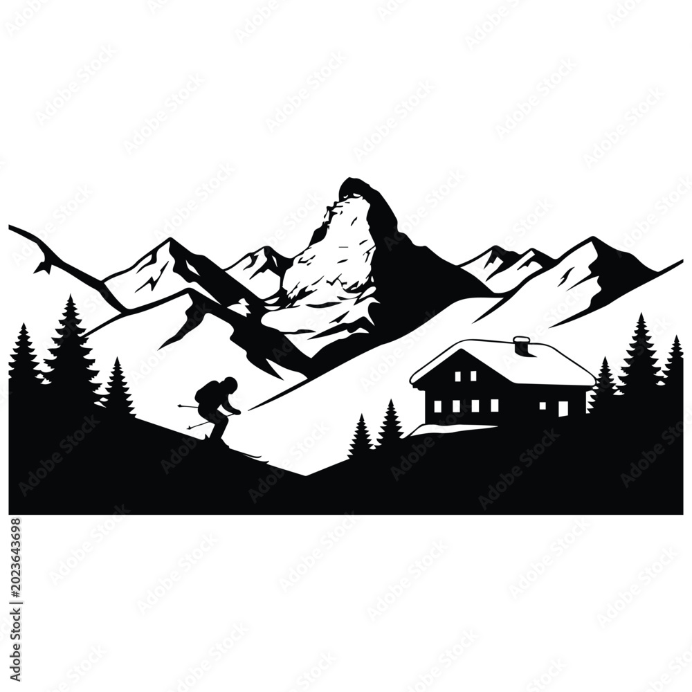 Fototapeta premium Mountain landscape vector illustration with skier and a lodge silhouette at winter.