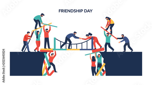 Obraz na plátně Building Bridges of Friendship: A diverse group of people collaborates to construct a bridge, symbolizing unity and connection, celebrating the spirit of friendship