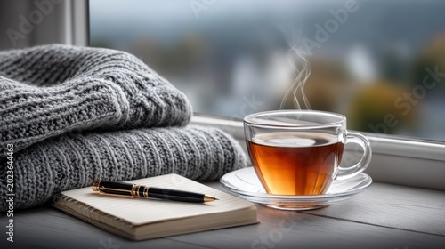 Cozy moment with tea, warm sweater, and notebook by the window