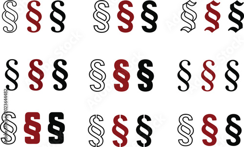 Set of Paragraph Symbol Variations Vector Collection, Legal Section Sign Icons, Black Red Outline Typography Symbols Isolated on White Background
