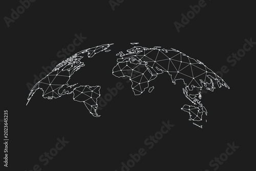 Vector illustration of a digital world map network with floating cloud computing and data center icons on a dark background. Concept of global communication, hosting, and information technology.