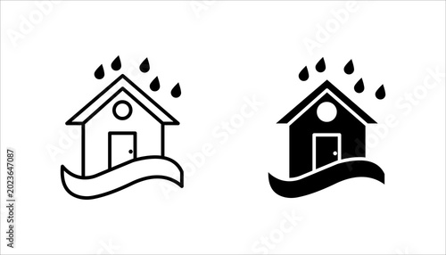 Minimal solid icon set. of a house protected from rainwater representing waterproof housing, flood protection, home insurance, and weather resistance concepts