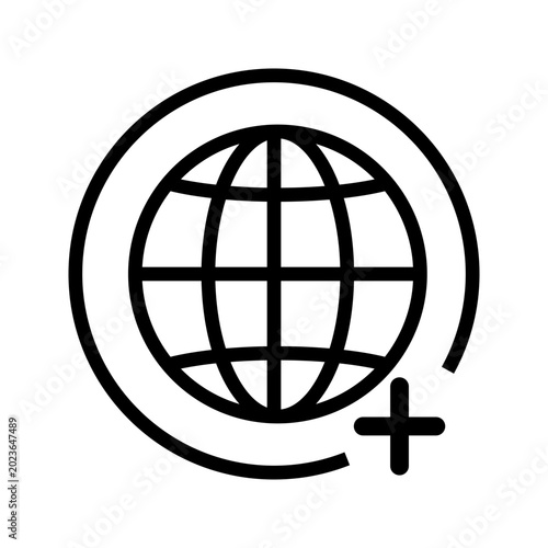 Simple globe with plus symbol icon in outline style. Concept of global connection, internet access, worldwide healthcare, communication, and digital expansion isolated on gray background.