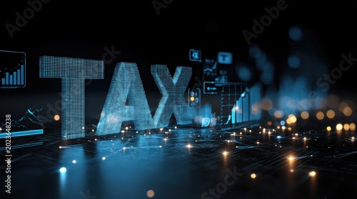 Digital Tax Visualization with Data Charts and Financial Analysis in a Futuristic Style