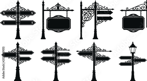 Fotografía Vintage Street Sign and Directional Arrow Silhouette Vector Set with Ornate Wrou