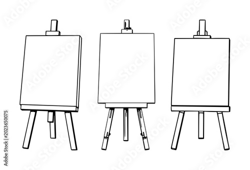 Black line art, white background: canvas on easel set with simple line art design featuring sketches, drawings, vector graphics with minimalist and simple illustrations