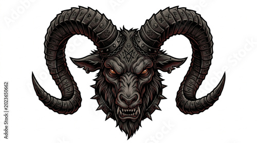 Fotografi Fierce Demon Ram Head with Large Curved Horns.