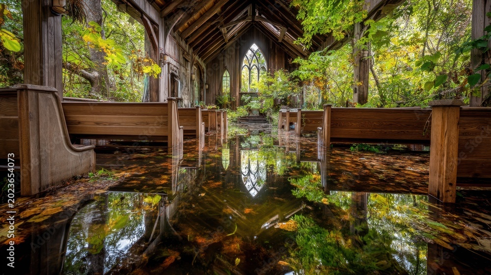 Fototapeta premium Serene Abandoned Church Surrounded by Lush Nature and Reflections in Water Under a Stunning Canopy of Greenery