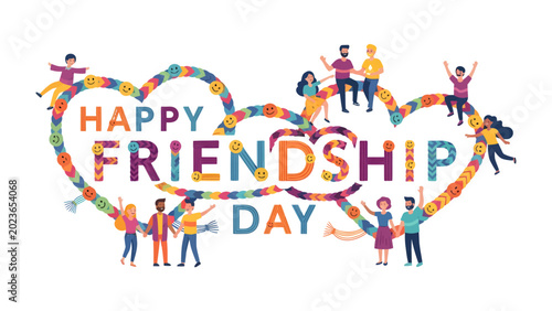 Fotografija Happy Friendship Day Illustration: A vibrant and colorful illustration celebrating friendship day, featuring diverse people holding hands and forming a heart shape, symbolizing unity and connection