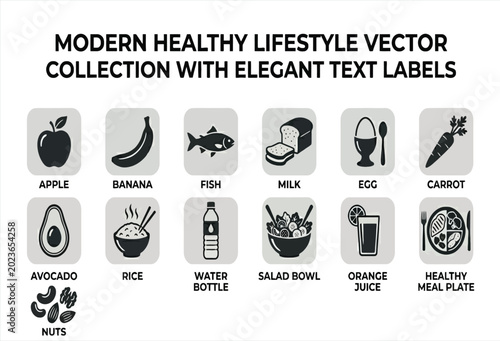 Photos A collection of healthy food icons with corresponding text labels
