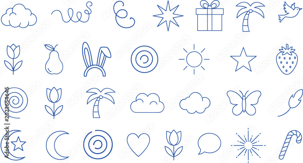 Obraz premium Minimalist blue icon illustration collection featuring cloud, starburst, gift, palm tree, bird, moon, heart, candy cane, and decorative symbols