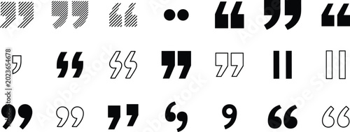 Quotation mark icon illustration collection featuring apostrophes, commas, bold styles, outlined symbols, shaded marks, and typographic design elements