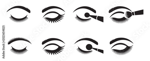 Foto Set of eye makeup icons depicting different stages of applying eye shadow and mascara with brushes