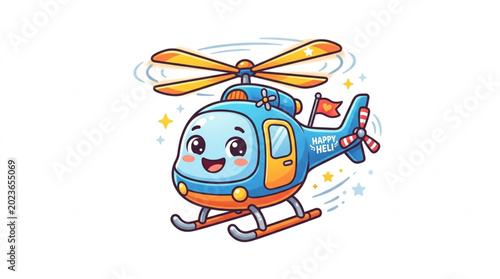 Cute cartoon helicopter with happy face and spinning rotors.