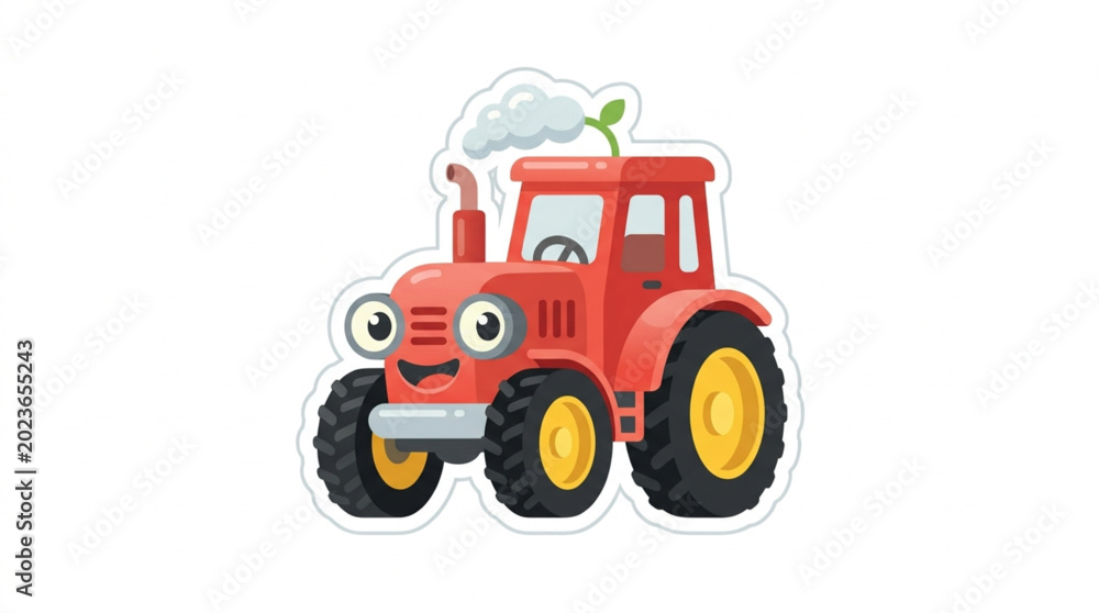 Obraz premium Cute cartoon red tractor with a smiling face and big eyes.