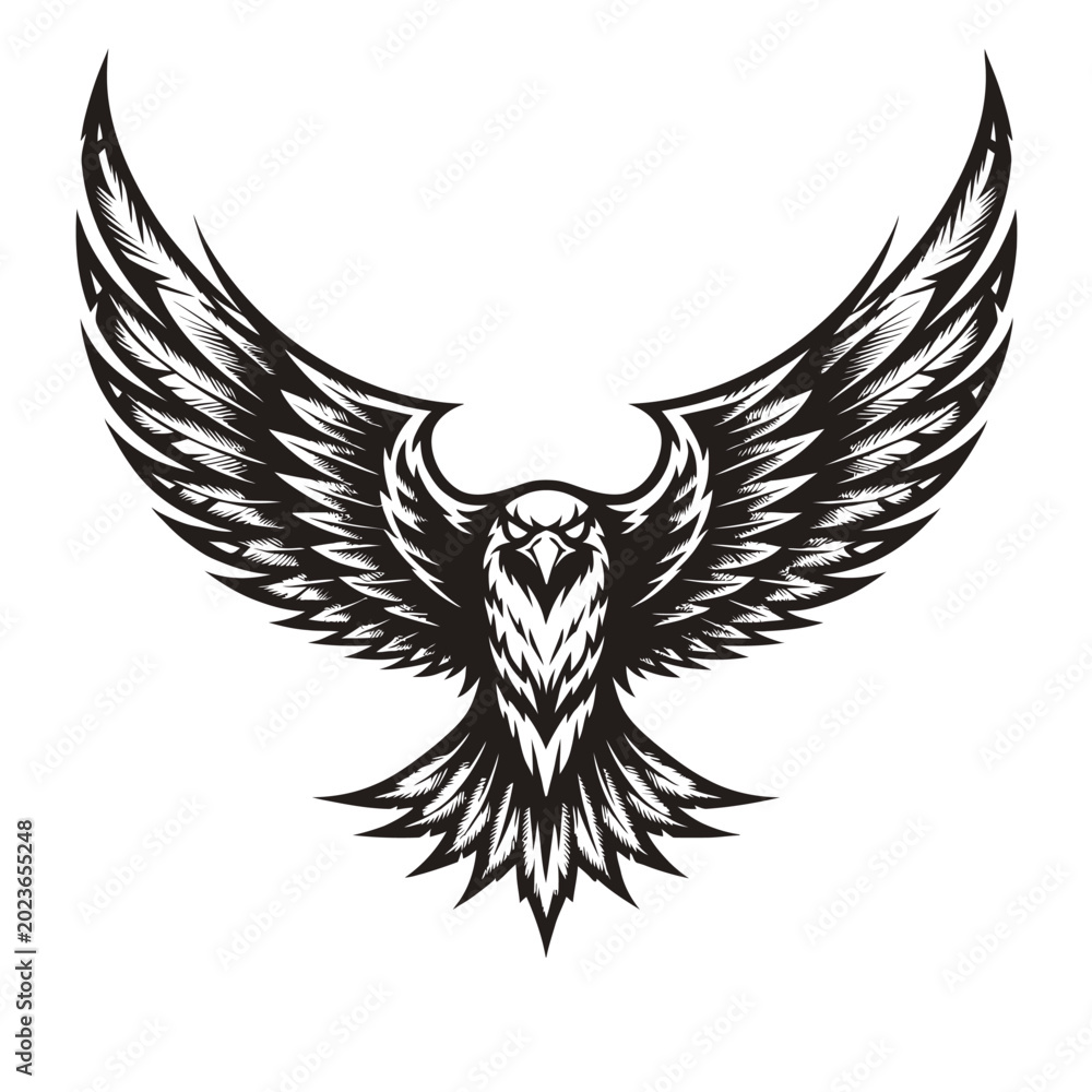 Fototapeta premium Eagle wings vector illustration tattoo design flying bird symbol black silhouette heraldic art icon tribal style eagle feather shield logo phoenix flying animal design