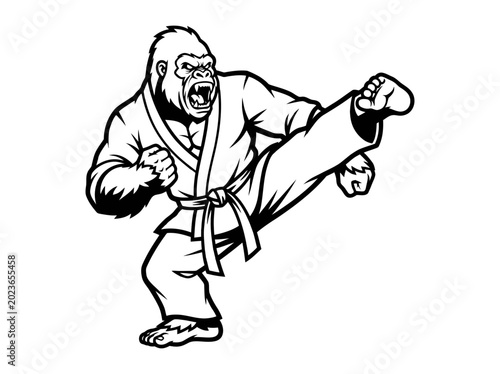 Illustration of a fierce gorilla wearing a martial arts uniform doing a side kick.
