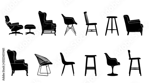 Chair furniture icons set with silhouettes and line details for interior design and vector signage graphics