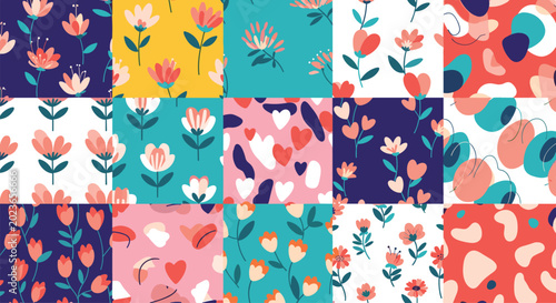 Colorful patchwork background featuring a variety of different floral, heart, and abstract patterns in squares for fabric or quilting.