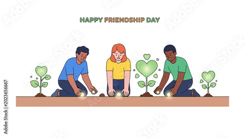 Fotografía Friendship Cultivation: Three friends are kneeling, planting seeds that will grow into heart-shaped plants, symbolizing the nurturing and growth of friendship on this special day