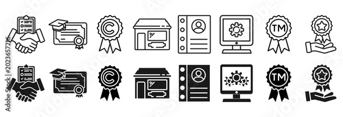 Photos Intangible assets icon set. Goodwill and patents symbol.