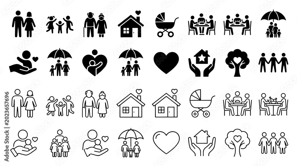 Fototapeta premium Professional family icon set featuring parenting, love, care, and togetherness concepts in a modern editable vector style.