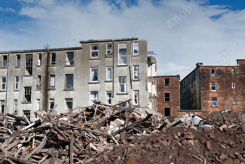 Demolition of tenement flats in poor housing area in Port Glasgow