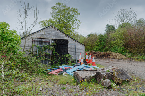 Derelict wooden shed in rural countryside