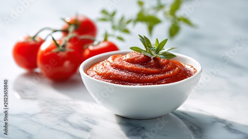 A modern editorial shot of tomato puree served in a white bowl on a marble background with subtle reflections