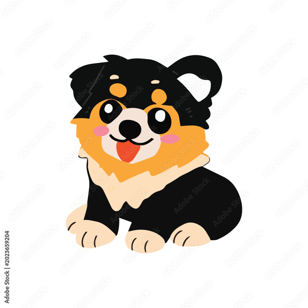 Obraz premium Adorable fluffy corgi puppy illustration sitting and smiling with its tongue out