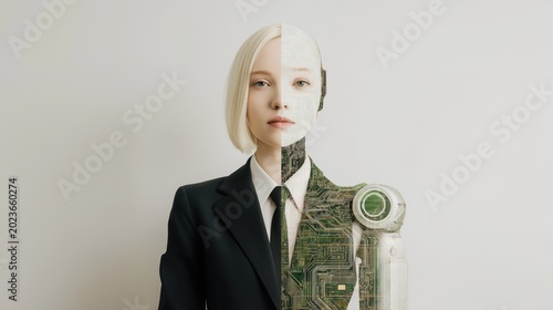Future of work concept with cyborg business portrait, human augmentation and AI powered workforce transformation