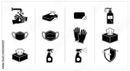 Tableau sur toile Hygiene Icons Set Including Soap Masks And Sanitizer On Transparent Background