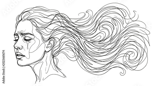 Tableau sur toile Continuous Line Emotional Instability Human Face Wave Dissolve Minimal Black Lin
