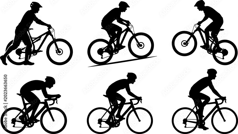 Obraz premium Cycling Athlete Silhouette Collection Featuring Mountain Bike and Road Bicycle Riding Action Poses for Sports and Fitness Designs