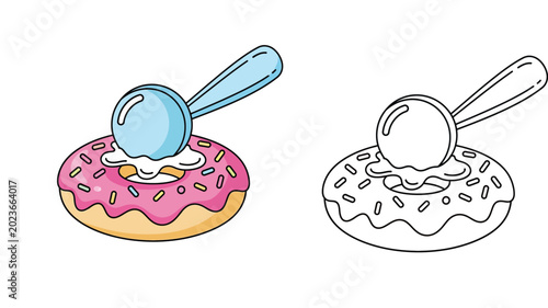 Принти на полотні Vector illustration of a pink frosted donut with colorful sprinkles and a scoop of ice cream, including a black and white line art version for coloring book pages and dessert design