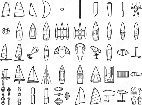 Collection of line art icons representing various water sports equipment and accessories.