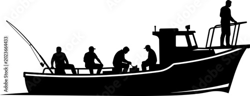 Fotografie Fishing Boat Silhouette with Fishermen Crew and Ocean Vessel Scene for Maritime