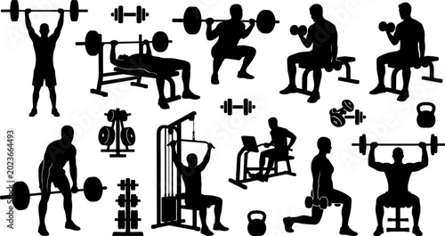 Bild auf Leinwand Gym Workout Silhouette Collection Featuring Weightlifting Strength Training and