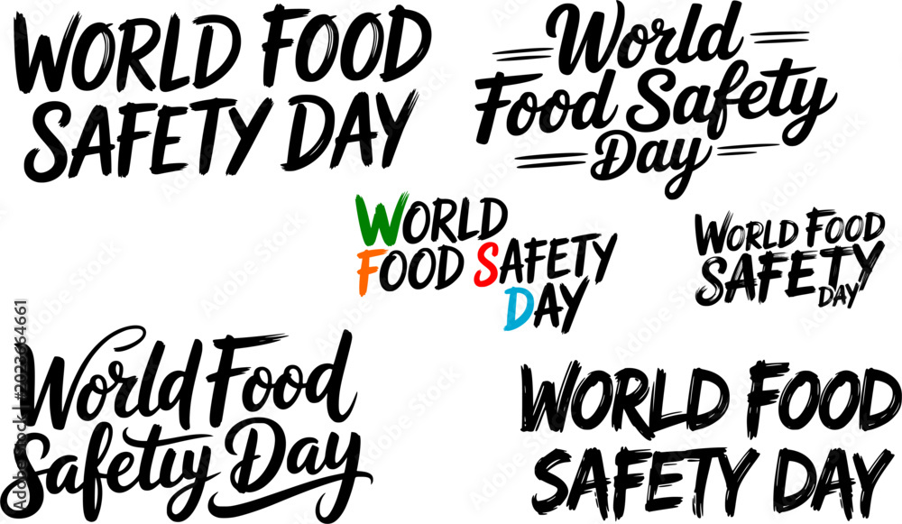Obraz premium World Food Safety Day hand lettering typography collection featuring multiple calligraphy styles, bold and script fonts, perfect for awareness campaigns, social media banners, and posters
